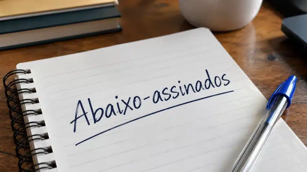 Caderno aberto sobre uma mesa com a palavra “abaixo-assinados” escrita à mão e sublinhada, ao lado de uma caneta azul.