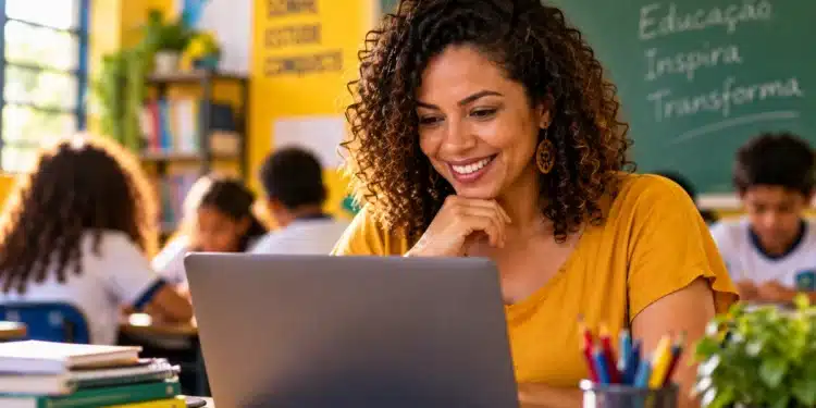 Professora utilizando notebook em sala de aula, com estudantes ao fundo, representando as formações gratuitas oferecidas pelo MEC.