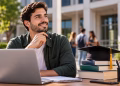 Imagem ilustrativa de jovem sorridente com caneta na mão diante de um notebook, ao lado de livros e de um capelo de formatura, em frente a um prédio universitário, em referência à dúvida sobre se o tecnólogo pode fazer pós