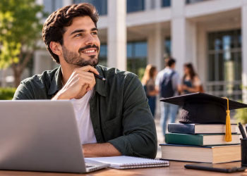 Imagem ilustrativa de jovem sorridente com caneta na mão diante de um notebook, ao lado de livros e de um capelo de formatura, em frente a um prédio universitário, em referência à dúvida sobre se o tecnólogo pode fazer pós