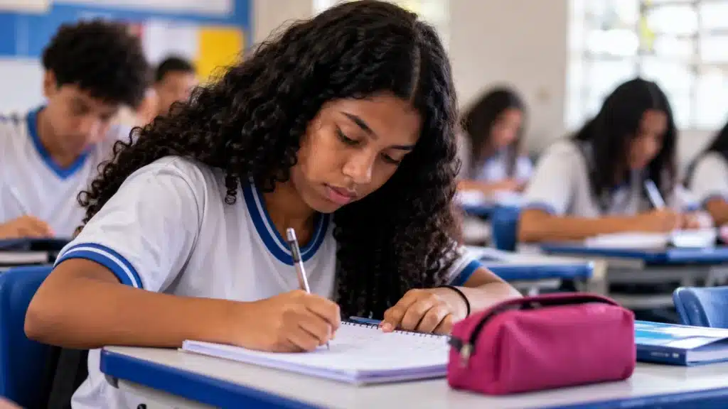 Estudante do ensino médio escreve em um caderno durante a aula, enquanto outros alunos realizam atividades escolares ao fundo.