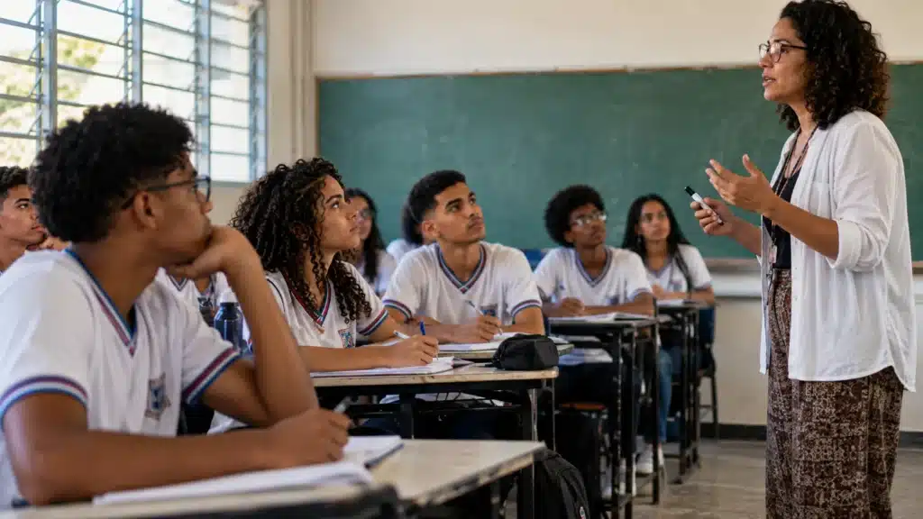 Professora orienta estudantes em sala de aula enquanto eles acompanham a explicação e fazem anotações nos cadernos, representando o funcionamento dos aulões preparatórios para o Enem 2026.