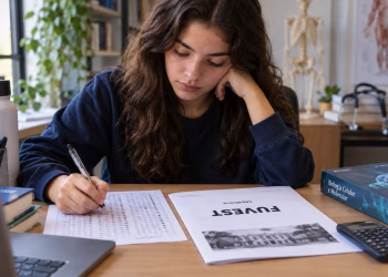 Jovem mulher preenchendo gabarito com prova Fuvest Medicina e livros no ambiente de estudo, simbolizando a nota de corte no vestibular da Fuvest.