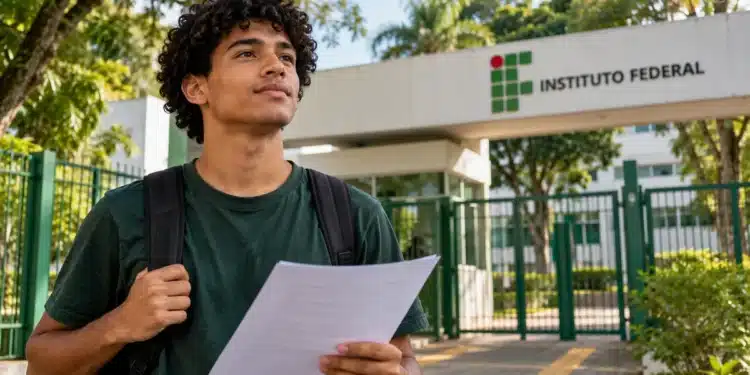 Estudante com mochila e documento nas mãos em frente a um Instituto Federal, representando os vestibulares de graduação gratuita para 2027.