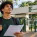Estudante com mochila e documento nas mãos em frente a um Instituto Federal, representando os vestibulares de graduação gratuita para 2027.