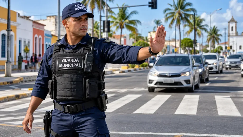 Guarda municipal uniformizado sinaliza a parada de veículos próximo a uma faixa de pedestres.