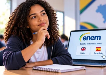 Jovem negra de cabelos cacheados pensa segurando caneta diante de notebook com tela do ENEM mostrando opções de prova em inglês e espanhol.