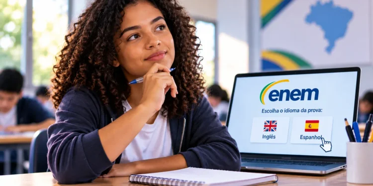 Jovem negra de cabelos cacheados pensa segurando caneta diante de notebook com tela do ENEM mostrando opções de prova em inglês e espanhol.