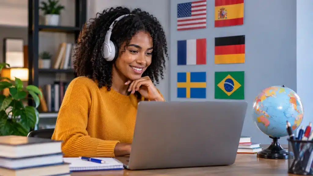 Participante estudando um curso de idiomas pelo notebook, representando os cursos on-line e gratuitos oferecidos pelo Mover.