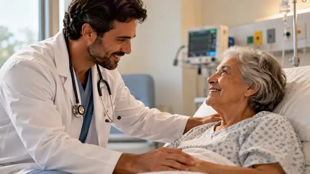 Médico de jaleco branco e estetoscópio acolhe uma paciente idosa durante atendimento hospitalar, demonstrando empatia e atenção.