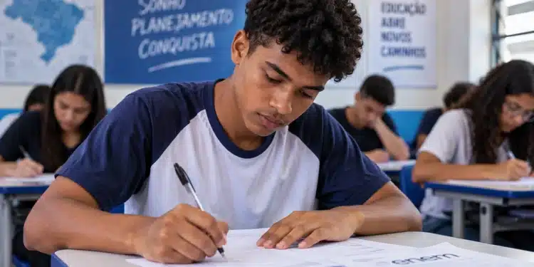 Estudante brasileiro realiza prova do Enem em sala de aula, representando um dos requisitos para receber o incentivo de R$ 200 do programa Pé-de-Meia.