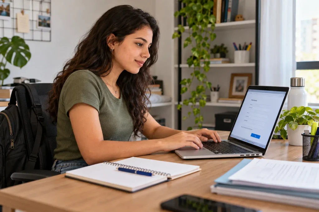 Jovem mulher digitando em notebook ao preencher formulário online em mesa organizada com caderno e plantas, simbolizando as inscrições do estágio em Guarapuava.