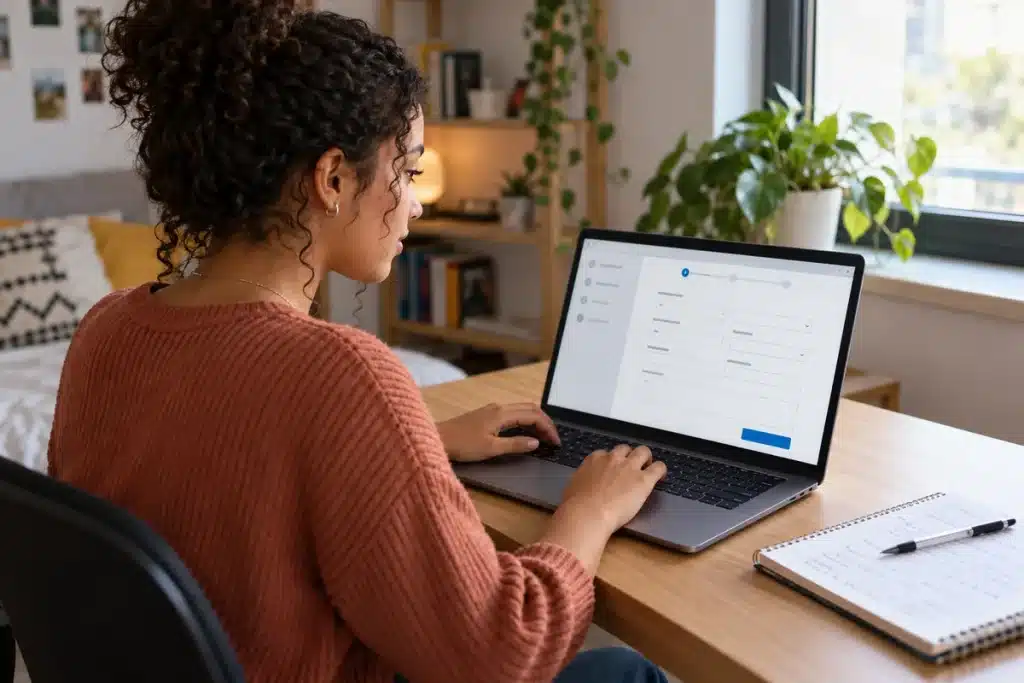 Jovem mulher utiliza notebook para preencher formulário online, ilustrando a inscrição no estágio da Samarco.