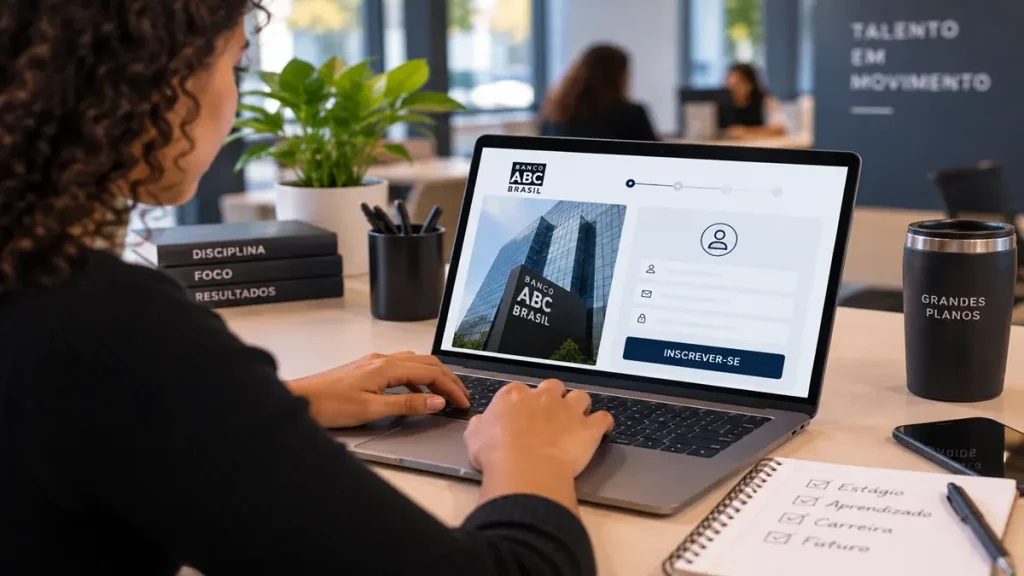 Jovem de cabelos cacheados digitando notebook com tela do Banco ABC Brasil e botão inscrever-se, simbolizando os requisitos de participação no estágio 2027 do banco ABC Brasil.