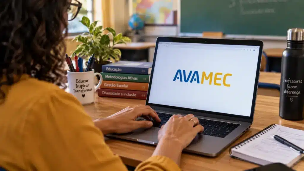 Professora utiliza notebook com o logotipo da Avamec na tela, representando o processo de inscrição em cursos gratuitos de formação docente.