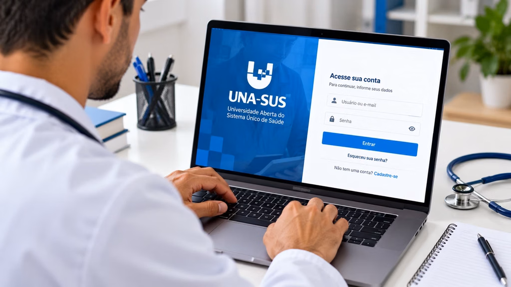 Médico utiliza notebook para acessar a plataforma UNA-SUS e realizar inscrição no Projeto Mais Médicos Especialistas.