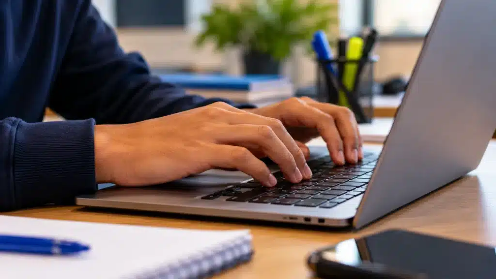 Mãos de uma pessoa digitando em um notebook, representando o preenchimento do formulário de inscrição online para o Programa Aprendiz da MRS Logística 2026.