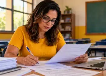 Professora analisa documentos e revisa questões em sala de aula, representando a seleção de elaboradores e revisores do Enade 2027.
