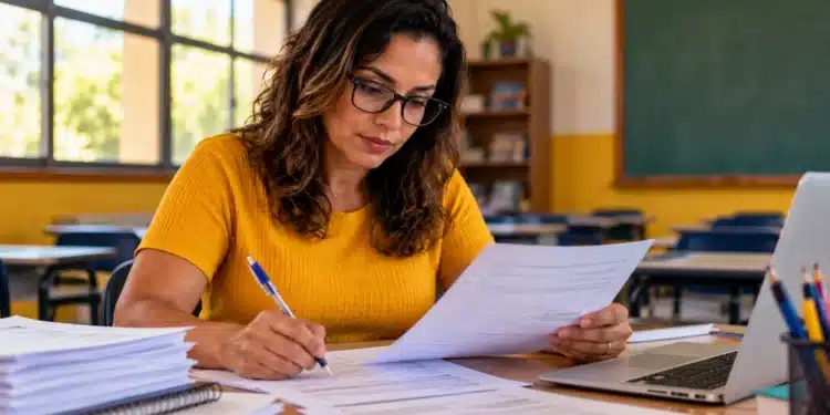 Professora analisa documentos e revisa questões em sala de aula, representando a seleção de elaboradores e revisores do Enade 2027.
