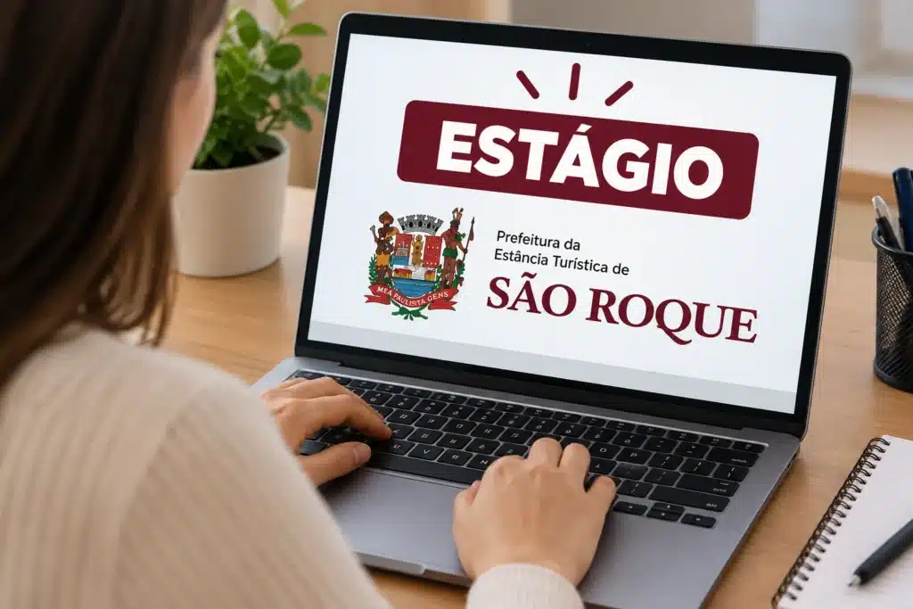 Mulher utiliza notebook com a palavra "Estágio" e o logotipo da Prefeitura de São Roque na tela, ilustrando as inscrições online.