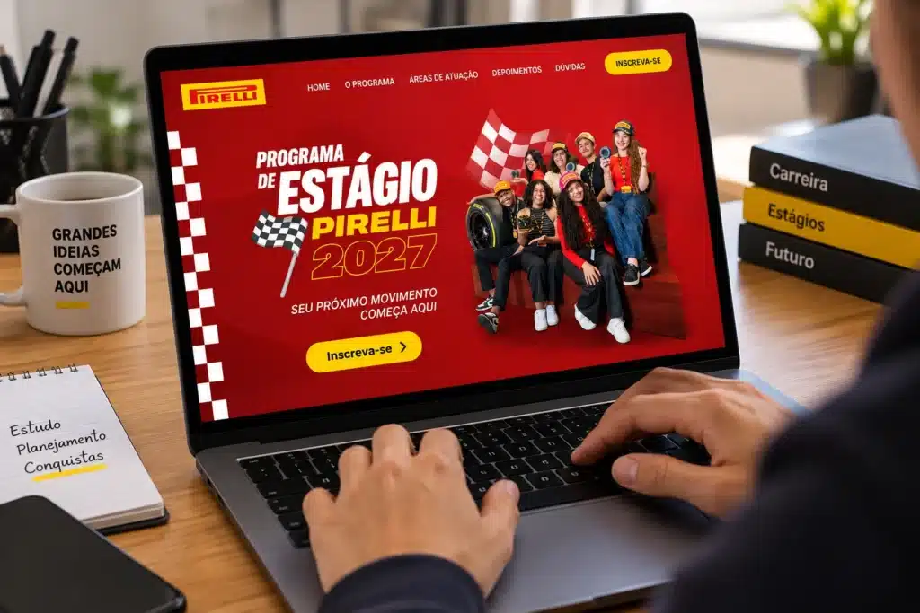 Jovem acessa página de inscrições do Programa de Estágio Pirelli 2027 pelo notebook