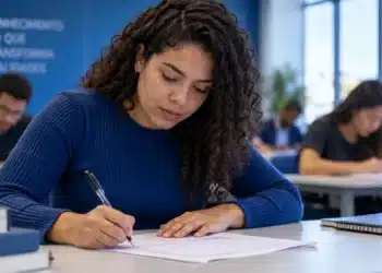 Jovem estudante concentrada preenchendo uma folha em sala de aula, representando os candidatos ao Exame de Suficiência do CFC.