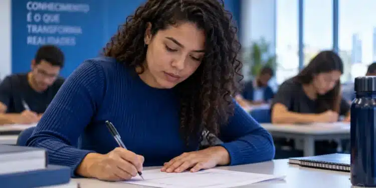 Jovem estudante concentrada preenchendo uma folha em sala de aula, representando os candidatos ao Exame de Suficiência do CFC.