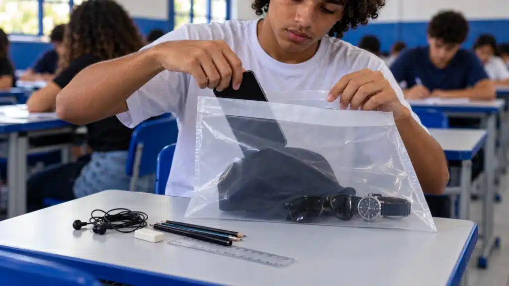 Estudante guarda celular, boné e outros objetos no envelope porta-objetos, representando as regras que devem ser seguidas antes do início da prova do Enem 2026.