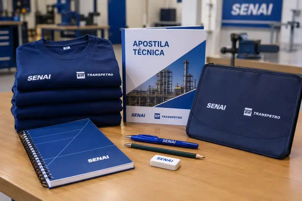 Kit de material didático gratuito com caderno, apostila, caneta, lápis, borracha, pasta e camisetas.