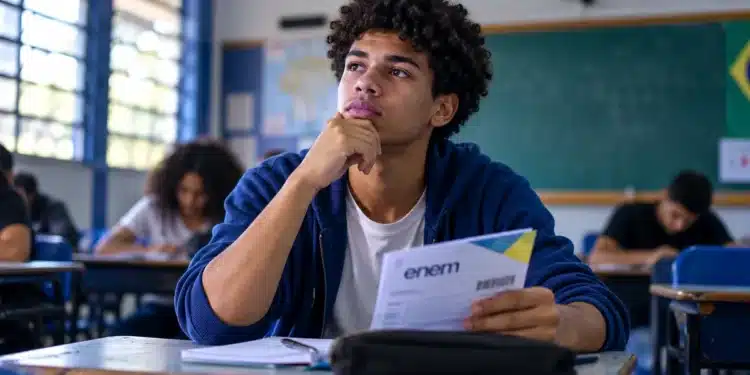 Estudante em sala de aula segura documento do Enem, representando a possibilidade de utilização da melhor nota entre as três últimas edições do exame no Sisu 2027.