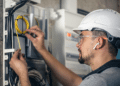 Imagem ilustrativa de eletricista de capacete branco e óculos de proteção organizando cabos num quadro elétrico, representando a manutenção elétrica predial