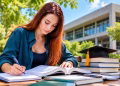 Imagem ilustrativa de jovem estudando ao ar livre com livros, notebook e um capelo de formatura sobre a mesa, diante de um prédio universitário, sobre o programa de mestrado e doutorado para inovação