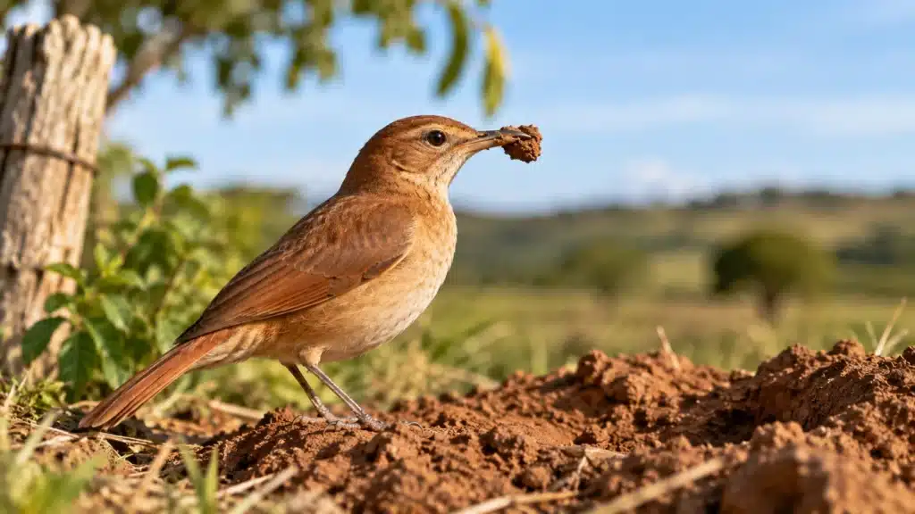 João-de-barro com barro no bico em seu habitat natural
