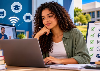Imagem ilustrativa de jovem de cabelos cacheados diante de um notebook, com uma prancheta de checklist ao lado, representando as novas regras do ensino a distância