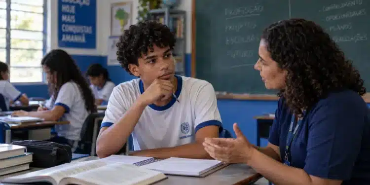 Estudante do ensino médio conversa com orientadora em sala de aula, com livros e cadernos sobre a mesa.