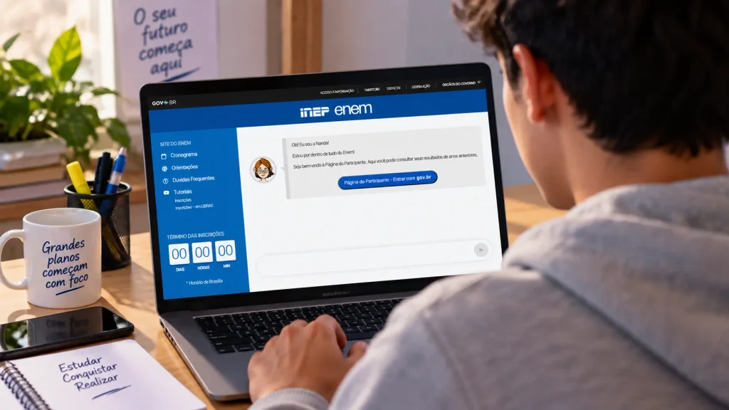 Jovem usando notebook com site do Enem aberto, mensagem sobre inscrições encerradas, caneca e anotações na mesa, simbolizando a escolha do idioma para as provas do Enem 2026.