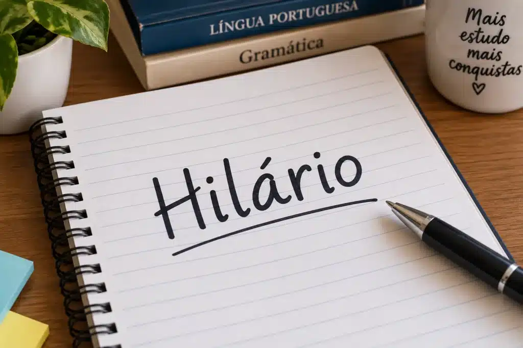 Palavra “hilário” escrita em caderno para exemplificar seu uso correto em frases