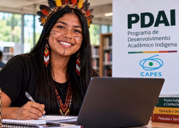 Imagem ilustrativa de estudante indígena com cocar de penas e pintura facial, sorrindo enquanto faz anotações ao lado de um notebook em uma biblioteca, com banner do PDAI e da Capes ao fundo