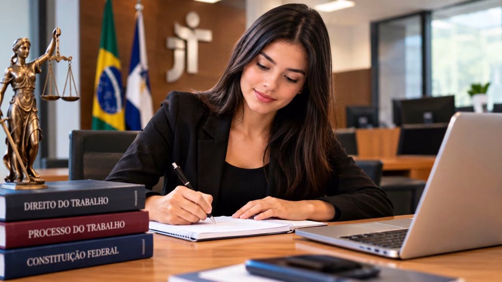 Imagem ilustrativa de estudante de Direito escrevendo em caderno diante de notebook e livros jurídicos, em referência aos requisitos do estágio em Direito na Defensoria de PE