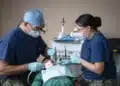 Dentista e profissional técnico em saúde bucal atendem paciente juntos em consultório odontológico