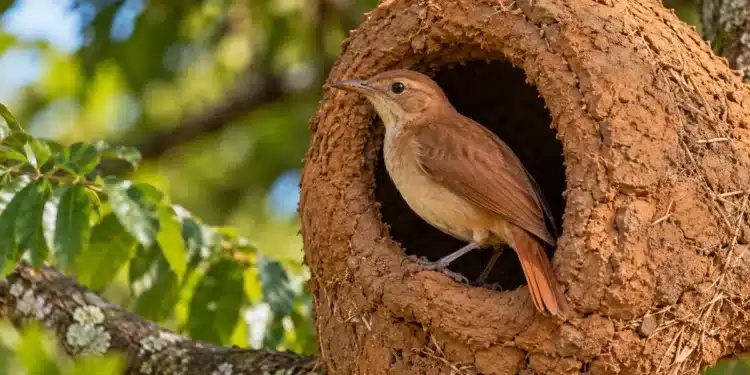 João-de-barro na entrada de um ninho de barro em meio à vegetação