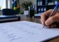 Mão segurando uma caneta azul e assinando um documento com várias assinaturas, representando um abaixo-assinado.