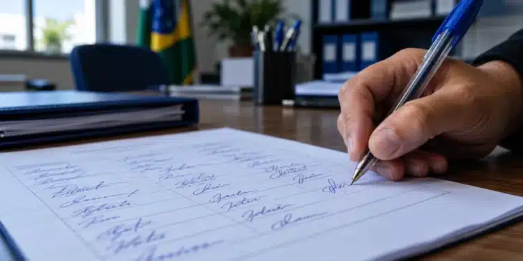 Mão segurando uma caneta azul e assinando um documento com várias assinaturas, representando um abaixo-assinado.