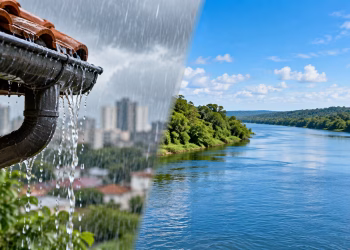 Imagem ilustrativa dividida ao meio, com água da chuva escorrendo de uma calha sobre a cidade à esquerda e um rio cercado de mata sob céu azul à direita, representando a dúvida entre pluvial ou fluvial