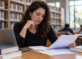 Mulher analisa documentos em uma biblioteca, com notebook e livros sobre a mesa, simbolizando as dúvidas sobre a carga horária de uma pós-graduação.