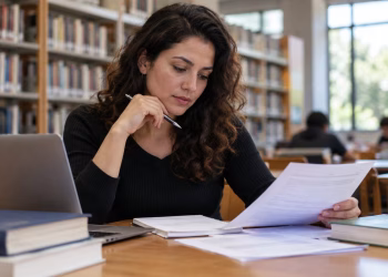 Mulher analisa documentos em uma biblioteca, com notebook e livros sobre a mesa, simbolizando as dúvidas sobre a carga horária de uma pós-graduação.