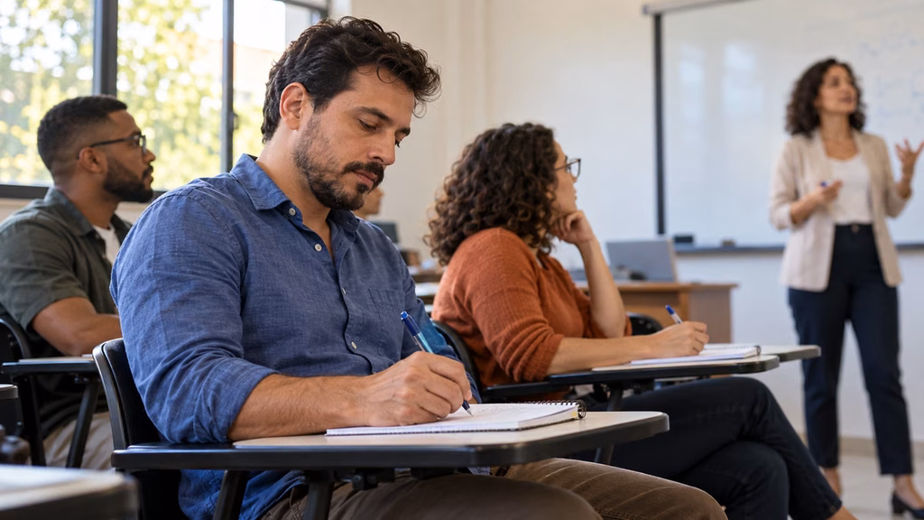 Aluno adulto faz anotações no caderno durante aula, com colegas e professora na sala.