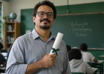 Professor com diploma de pós-graduação nas mãos, em sala de aula, representando a valorização salarial pela qualificação profissional.