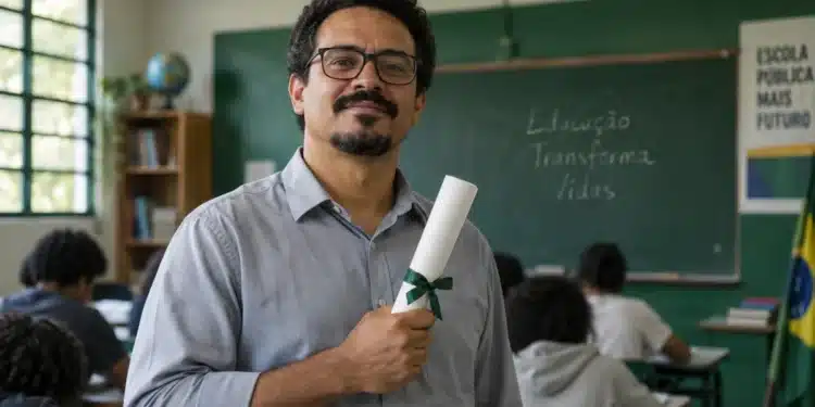 Professor com diploma de pós-graduação nas mãos, em sala de aula, representando a valorização salarial pela qualificação profissional.