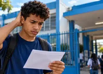 Estudante do Enem 2026 observa documento com preocupação diante de uma escola, representando as dúvidas sobre a possibilidade de alterar o local de prova devido à distância.